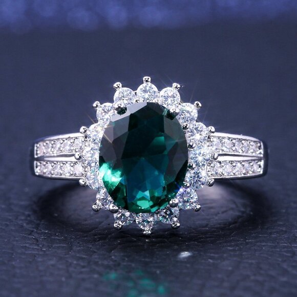 💞 Noble Large Oval Sun Flower Shiny Elegant Green Silver Ring for VIP283 - Picture 1 of 6